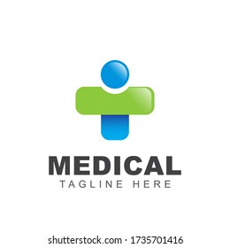 Medical pharmacy logo design template with cross plus sign and human shape illustration. Symbol of health care and medicine service center concept. Vector can use for branding identity doctor office