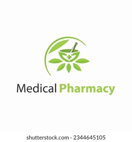 logo de farmacia médica con varios elementos, con las manos parecidas a un mortero con almirez