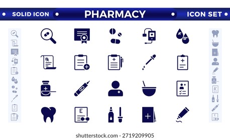 Coleção de ícones sólidos médicos e de farmácia. Ícone de IU grande definido em um design plano. Pacote de ícones sólidos.