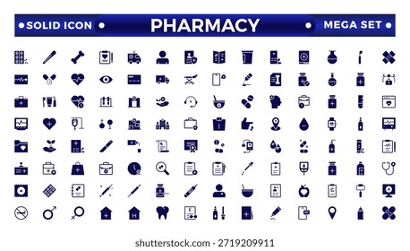 Medizinische und Apotheke solide Icons Sammlung. Große UI-Symbol in einem flachen Design. Paket mit durchgezogenen Symbolen.