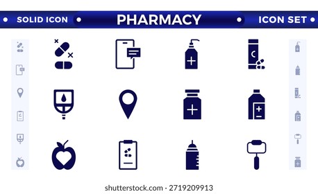 Colección de iconos sólidos médicos y de farmacia. Icono grande de la interfaz de usuario establecido en un diseño plano. Paquete de iconos sólidos.