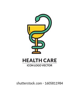 Medical and pharmacy symbol snake with cup vector. isolated on white background, black outline of yellow cup and green snake.