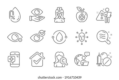 Medical phone, Medical food and Nurse line icons set. Cold-pressed oil, Health eye and Collagen skin signs. Check eye, Face biometrics and No alcohol symbols. Skin condition, Myopia. Vector