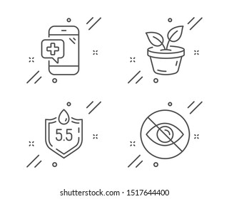 Medical phone, Leaves and Ph neutral line icons set. Not looking sign. Mobile medicine, Grow plant, Water. Eye care. Healthcare set. Line medical phone outline icon. Vector