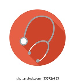 Medical phonendoscope vector flat style icon on round badge with long shadow