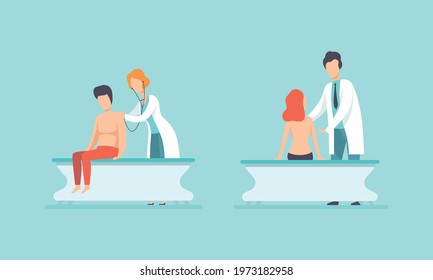 Medical Physical Health Checkup with Doctor Therapist Examinig Patient Vector Set