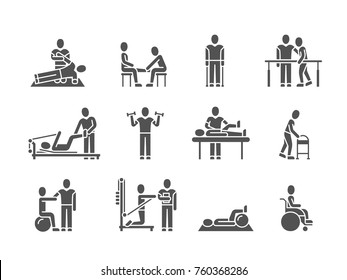 Medical physical therapy and people rehabilitation treatment black silhouette vector icons. Therapeutic and physiotherapy, recuperation and rehabilitation illustration