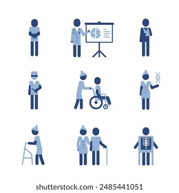 Medical pictograms with doctors. Clinic concept icons set. Simple pictograms with flurography, old man and woman icon pictogram.
