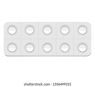 Medical pill blister package with individual detachable cells, realistic mockup. 10 blank medicine tablets per pack, vector template.