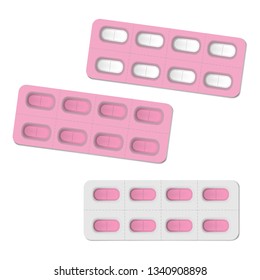 Medical pill blister packages with individual detachable cells, pink color set. Oblong medicine tablets pharmaceutical packaging, realistic vector template.