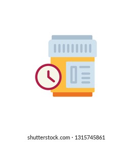 Medical pill bottle and clock flat icon, vector sign, colorful pictogram isolated on white. Medication time symbol, logo illustration. Flat style design