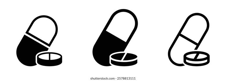 Medical pill bottle and tablet icon. Pill and capsule icon. Healthcare pill icon. Vector illustration.