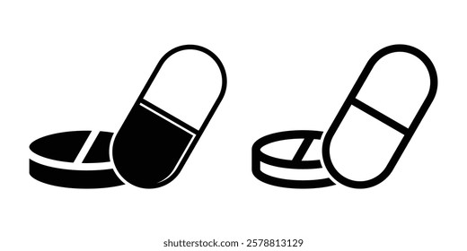 Medical pill bottle and tablet icon. Pill and capsule icon. Healthcare pill icon. Vector illustration.