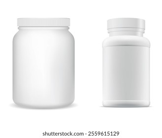 Medical pill bottle white plastic sport supplement jar vector mockup. Pharmacy drug can illustration, realistic medicament remedy pack. Vitamin capsule bottle with protein powder jar