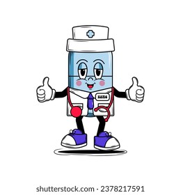 El personaje de la píldora médica doctor con sonrisa facial en estilo groovy. Colores azules. Para el diseño de locales médicos, libros médicos para niños, portadas, folletos, volantes, web, app. Ilustración del vector