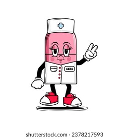 Medical pill character nurse with face smile in groovy style. Pink colors. For design of medical premises, children's medical books, covers, booklets, leaflets, web, app. Vector illustration