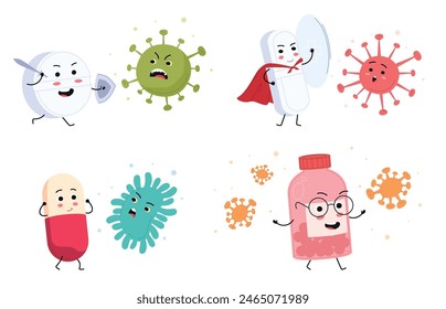 Medical pill characters in cartoon style with faces. Children illustrations of curing diseases. Cute happy pill characters fight bacteria and viruses. Vector illustration