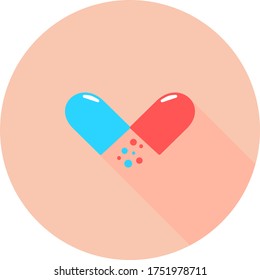 Medical pill in circle icon with long shadows. Medicine, pharmacy, hospital of drugs. Vector illustration pill, capsule. Healthcare medicine icon.