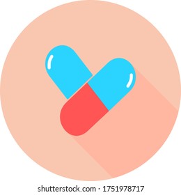 Medical pill in circle icon with long shadows. Medicine, pharmacy, hospital of drugs. Vector illustration pill, capsule. Healthcare medicine icon.