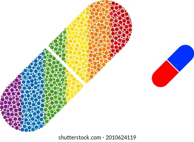 Medical pill composition icon of filled circles in variable sizes and spectrum bright color hues. A dotted LGBT-colored medical pill for lesbians, gays, bisexuals, and transgenders.