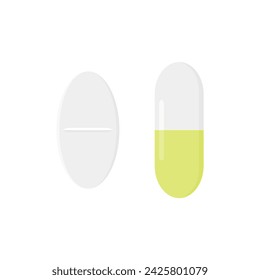 Medical pill flat design vector illustration. Capsule and tablet isolated on white background. chemical drug and health care concept