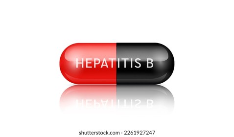 Píldora médica Enfermedad infecciosa de la hepatitis B. Analgésico rojo de la cápsula, antibiótico aislado de fondo blanco. Concepto médico farmacéutico y de tratamiento. 3d vector realista.