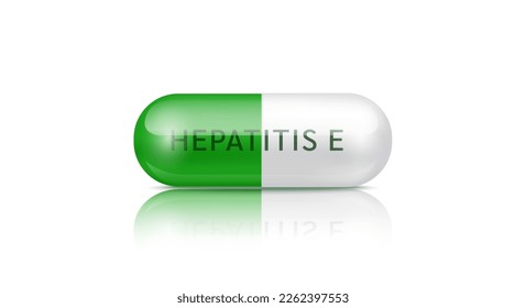 Medical pill Hepatitis E infectious disease. Capsule drug green painkiller, antibiotic isolated on white background. Medical pharmaceutical and treatment concept. 3d realistic vector.