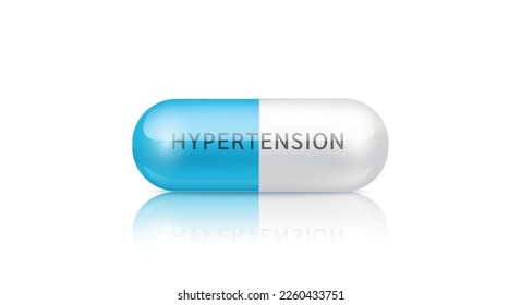 Medical pill hypertension disease. Capsule drug antihypertensive blue white painkiller, antibiotic isolated on white background. Medical pharmaceutical and treatment concept. 3d realistic vector.