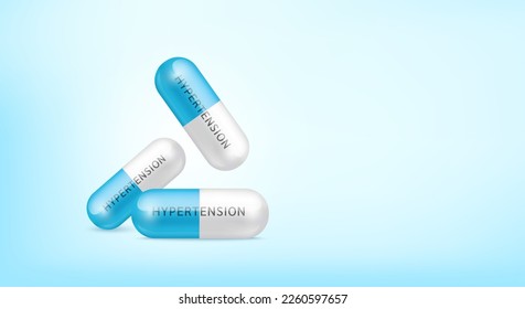 Medical pill hypertension disease. Capsule drug antihypertensive painkiller, antibiotic falling isolated on blue background with copy space for text. Medical treatment concept. 3d realistic vector.