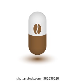 Medical pill icon coffee beans. Vector illustration. Design element. Pill with caffeine. Two-tone capsule on a white background.