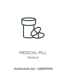 Medical pill icon. Thin linear medical pill outline icon isolated on white background from medical collection. Line vector sign, symbol for web and mobile