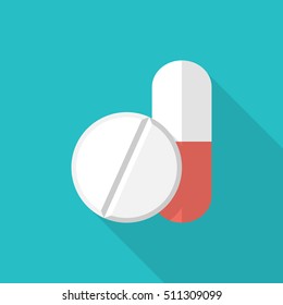 Medical pill icon. Vector illustration flat design. Capsule and tablet isolated on background with long shadow.