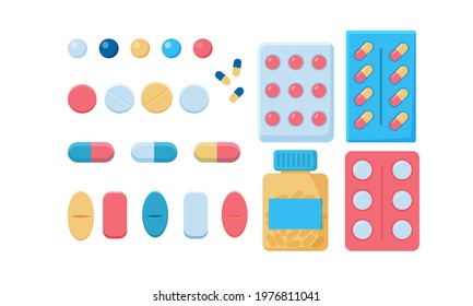 Medical pill or pill isolated
Set of different oval and round pills and capsules in different colors
Tablets or pills in a jar, blister.
Medicine and healthcare concept