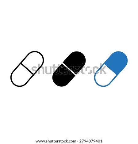 Medical pill medication capsule vector icon set with medicine pharmaceutical supplement prescription pharmacy healthcare treatment wellness