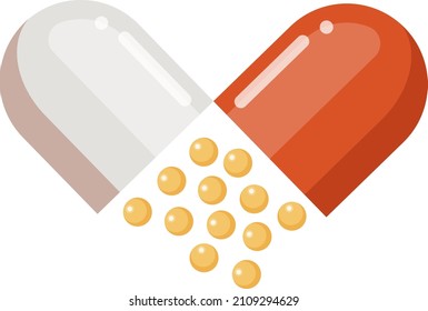 Medical pill. Open plastic capsule with drug granules