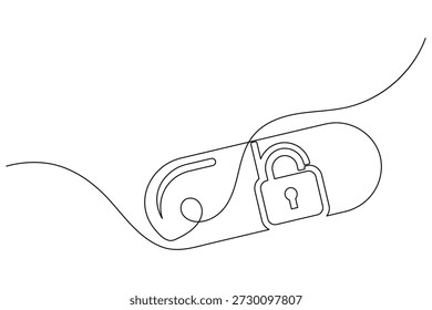 Píldora médica con el dibujo continuo de una línea del candado para la Ilustración vectorial de la seguridad y de la protección de la droga