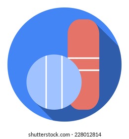 Medical pill sign icon.  Circle buttons with long shadow. Vector