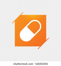 Medical pill sign icon. Drugs symbol. Orange square label on pattern. Vector