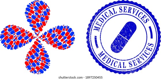 Medical pill swirl motion, and blue round MEDICAL SERVICES rough rubber print with icon inside. Element flower with 4 petals composed from oriented medical pill items.