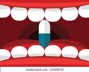 Medical pill tablet in open mouth, vector illustration