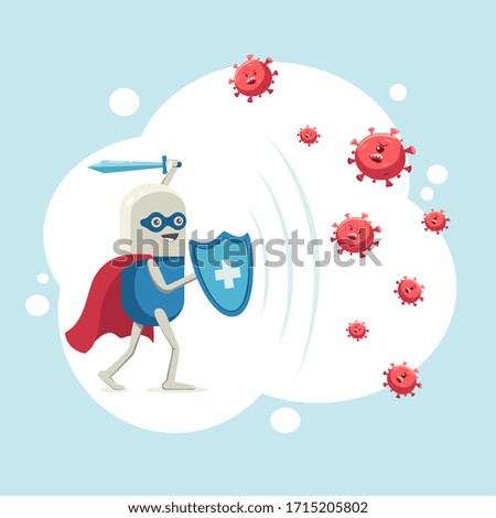 Medical pill - tablet with shield and sword fighting off viruses. Flat cartoon character protects the body. Dangerous viruses, microbes and bacteria attack. Concept of health and victory over disease.