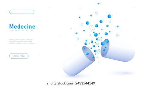 Medical pill white poster. Drugs and medicines. Health care and treatment. Pharmacy and scientific research. Advertising and marketing. Landing webpage design. Neon isometric vector illustration