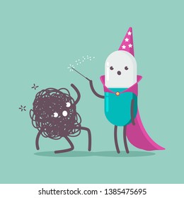 Medical pill wizard with a magic wand and virus vector cartoon cute characters isolated on background.
