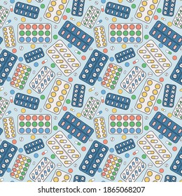 Medical pills in blister pack seamless pattern. Flat line style vector illustration. On a blue background.