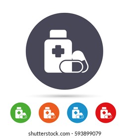 Medical pills bottle with cross sign icon. Pharmacy medicine drugs symbol. Round colourful buttons with flat icons. Vector