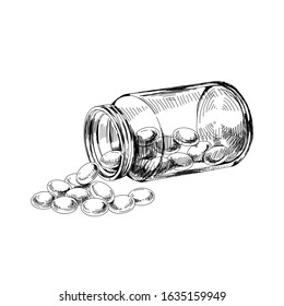 Medical pills bottle, hand drawn retro vector illustration. Container for tablets and capsules, vintage-style sketch isolated on white background.