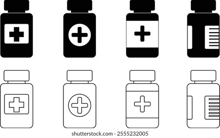 Medical pills bottle icon set. line and glyph version, outline filled vector sign. Medicine capsule vitamins and minerals pill linear pictogram. Symbol, logo . isolated on transparent background.