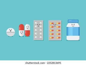 Medicina para pastillas de botella. Comprimidos para las cápsulas. Conjunto de píldoras médicas. Ilustración del vector