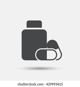 Medical pills bottle sign icon. Pharmacy medicine drugs symbol. Flat pharmacy web icon on white background. Vector
