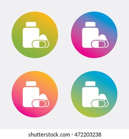 Medical pills bottle sign icon. Pharmacy medicine drugs symbol. Gradient flat buttons with icon. Modern design. Vector